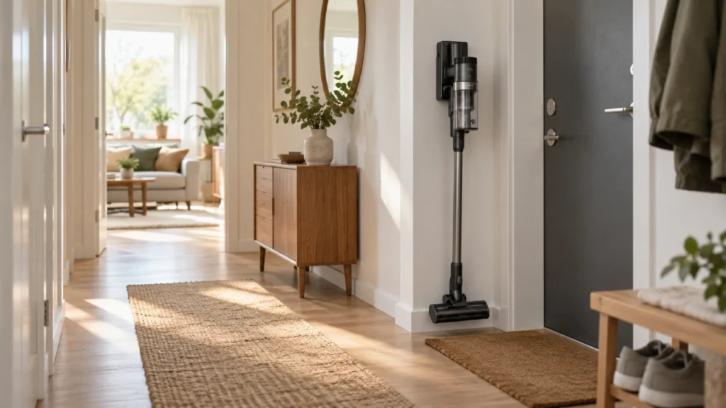 Aspirator vertical fără fir parcat în suportul de perete, într-un hol luminos de apartament