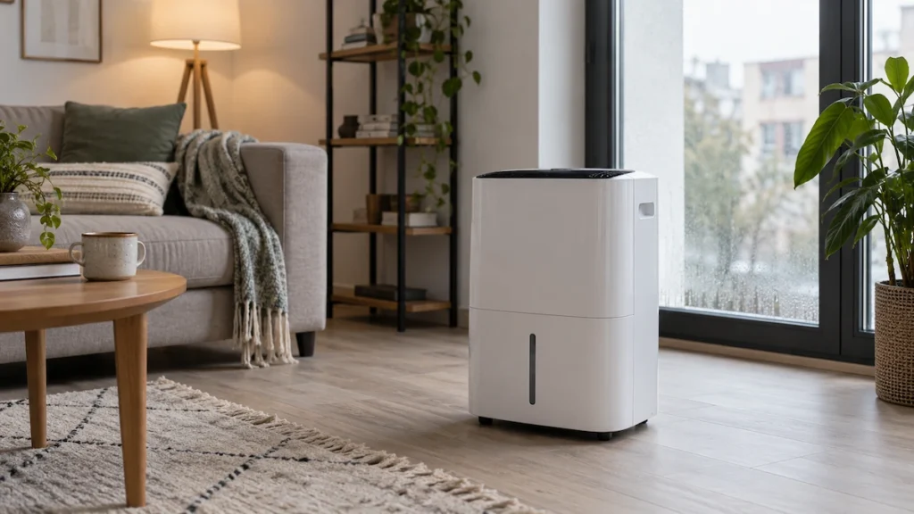 Dezumidificator modern într-un living luminos, lângă o fereastră cu urme fine de condens