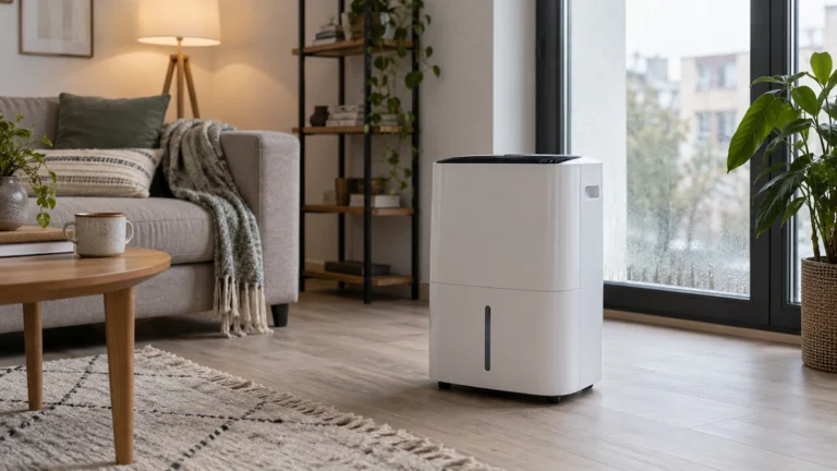 Dezumidificator modern într-un living luminos, lângă o fereastră cu urme fine de condens