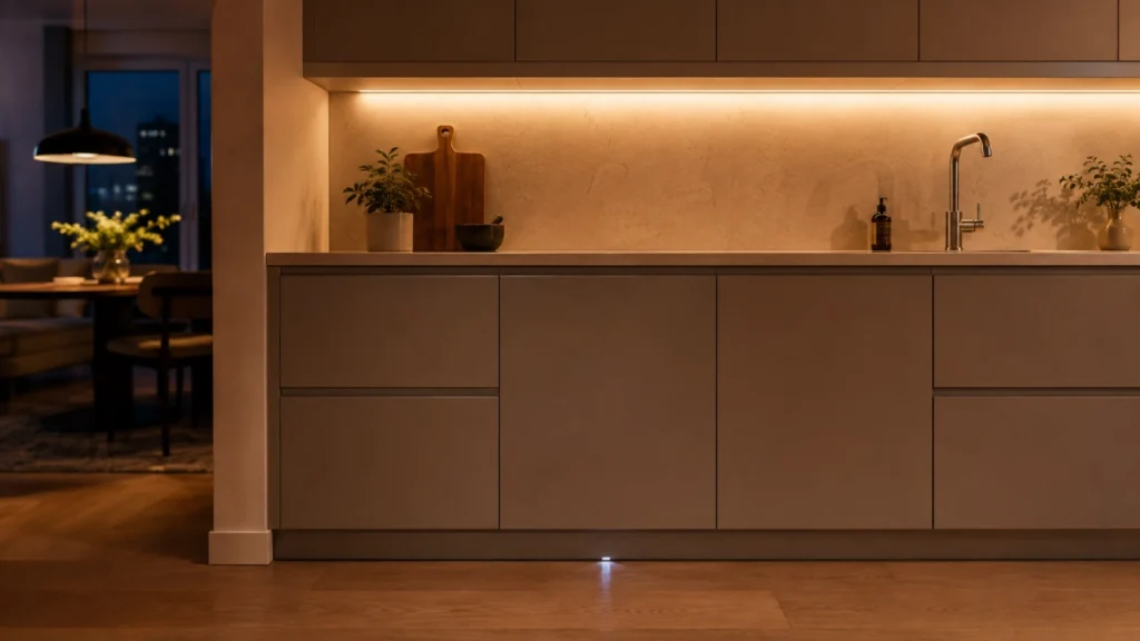 Bucătărie de apartament cu o mașină de spălat vase complet încorporabilă și un punct luminos proiectat pe pardoseală