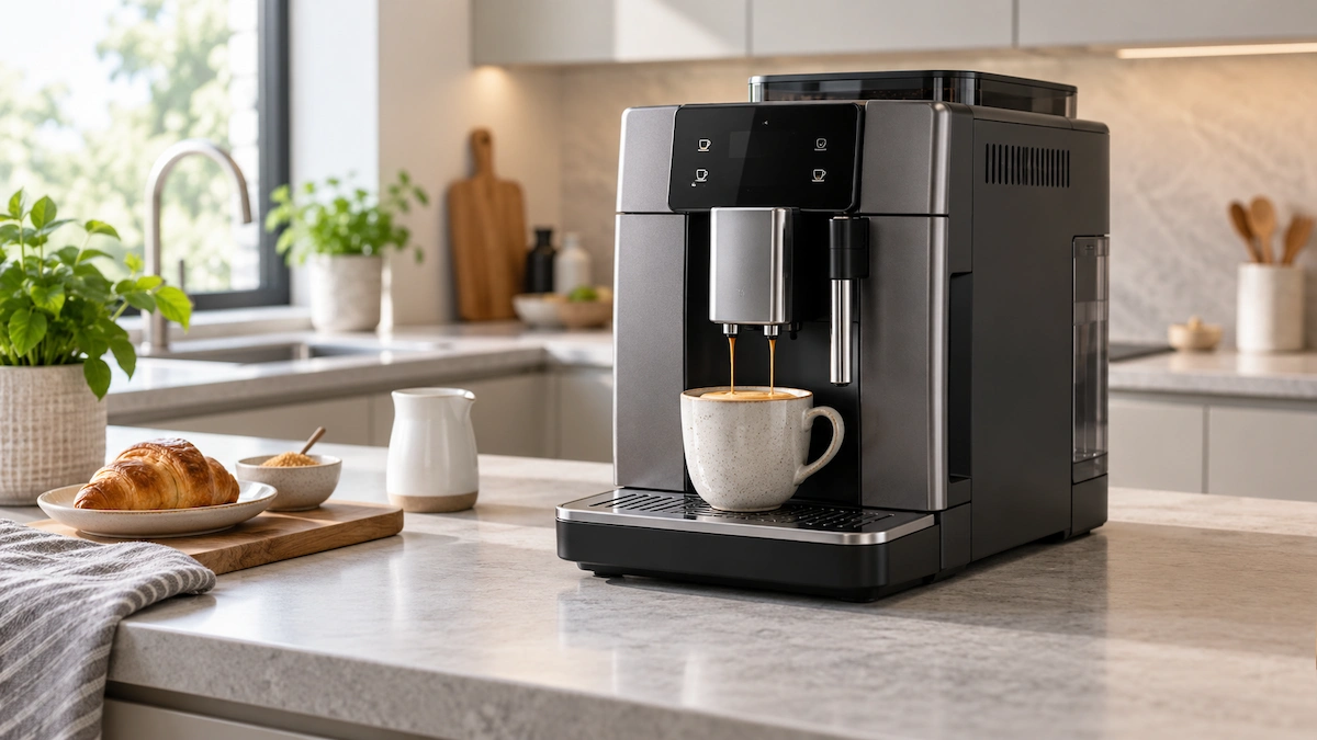 Espressor automat modern pe blatul din bucătărie, cu o ceașcă așezată sub duze