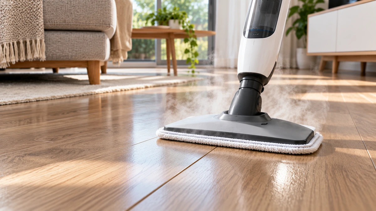 Mop cu abur vertical, alb cu gri, cu lavetă din microfibră pe o podea laminată deschisă la culoare dintr-o cameră de zi, cu abur ușor vizibil în jurul capului de curățare și o îmbinare dintre plăci în prim-plan