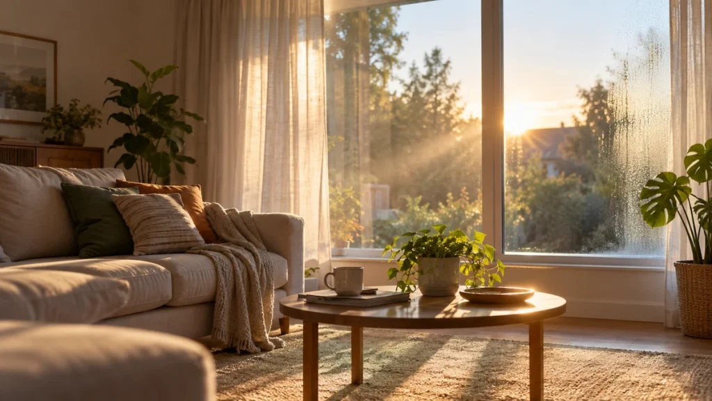 Living luminat de soare, cu condens discret pe geam și particule vizibile în aer