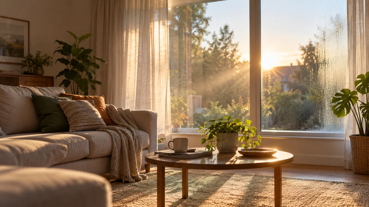 Living luminat de soare, cu condens discret pe geam și particule vizibile în aer