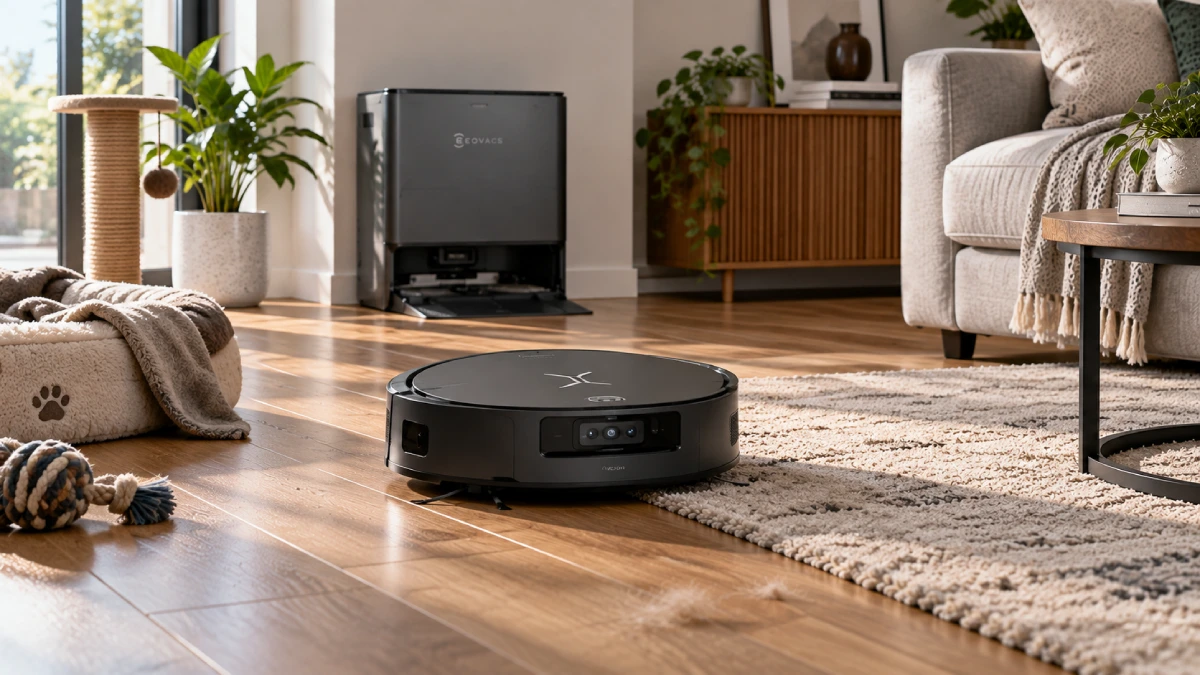 Ecovacs DEEBOT T90 Pro Omni negru curățând lângă un covor într-un living cu accesorii pentru animale
