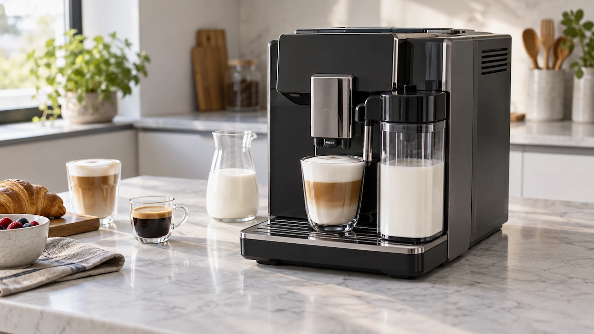 Espressor automat cu carafă de lapte atașată și băutură cu spumă în ceașcă