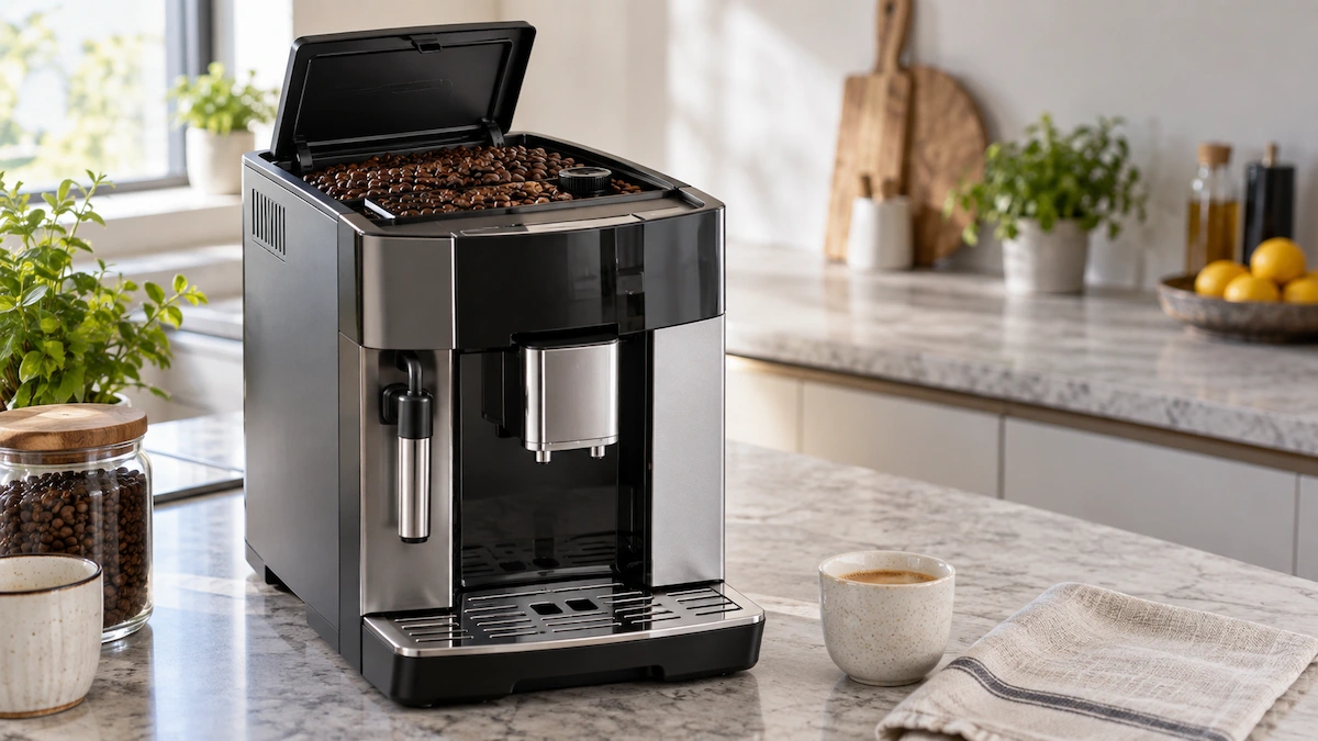 Espressor automat cu capacul recipientului de boabe deschis și boabele de cafea vizibile