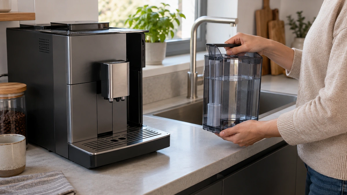 Rezervor de apă detașabil scos dintr-un espressor automat lângă chiuveta din bucătărie