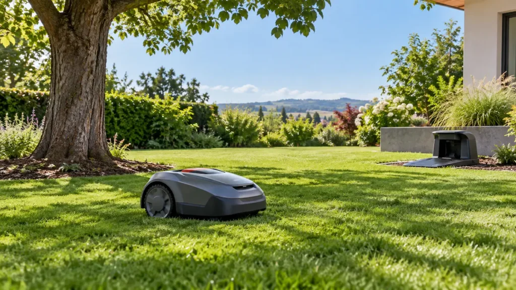 Robot de tuns iarba gri, fără fir perimetral, pe un gazon însorit, cu un copac mare în stânga și stația de încărcare lângă un zid scund, în zona deschisă a grădinii