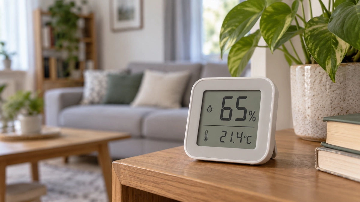 Higrometru digital care indică 65% umiditate într-o cameră de locuit