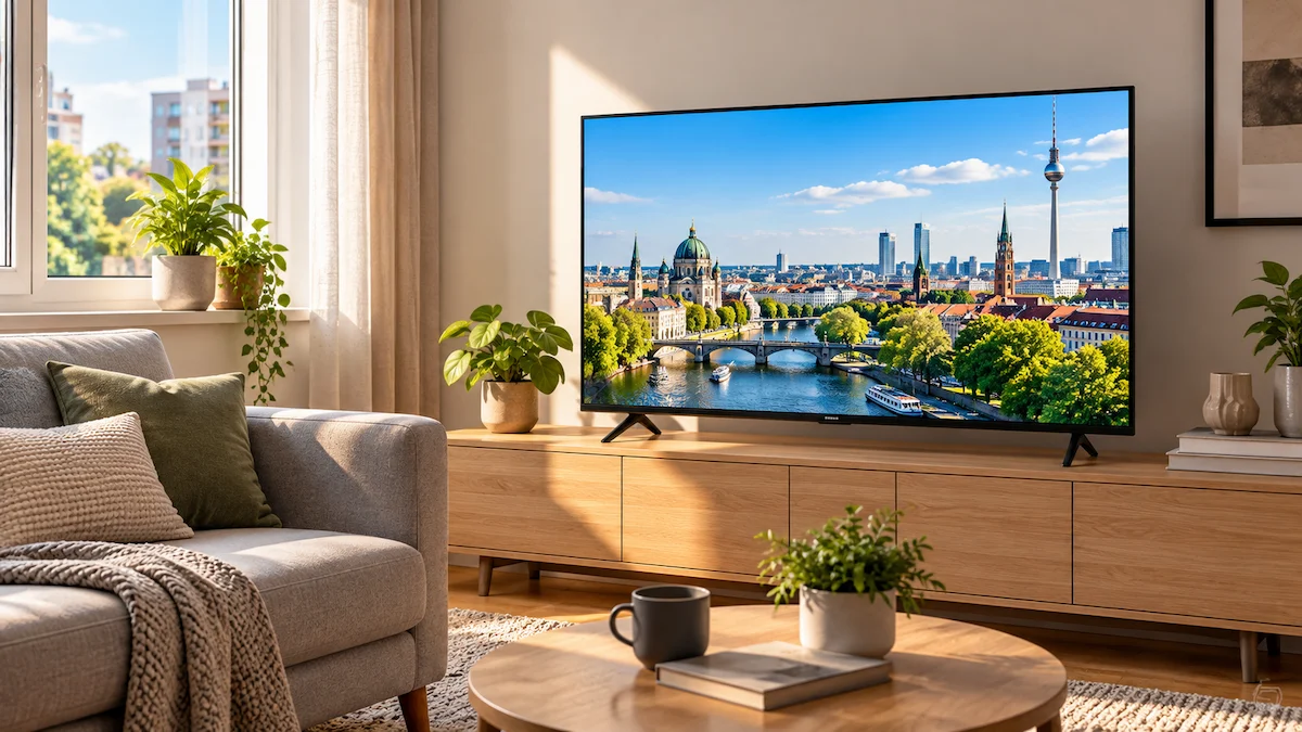 Televizor LG 43NU850B3LA de 108 cm pe o comodă joasă, în sufrageria luminoasă a unui apartament mic, cu panorama unui oraș pe ecran, lângă o canapea gri și o măsuță rotundă