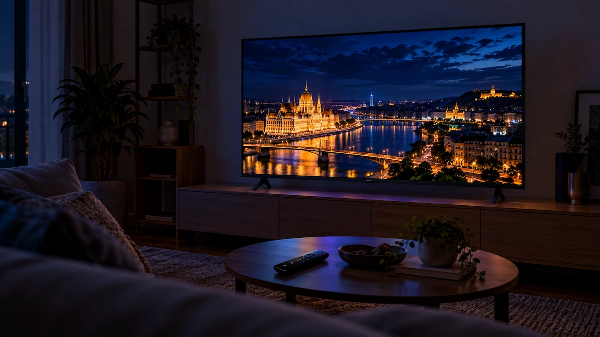 Televizor LG 43QNED70B3C Mini LED de 108 cm într-o sufragerie cu lumina stinsă, seara, cu un oraș luminat noaptea pe ecran și o telecomandă pe măsuța din fața canapelei