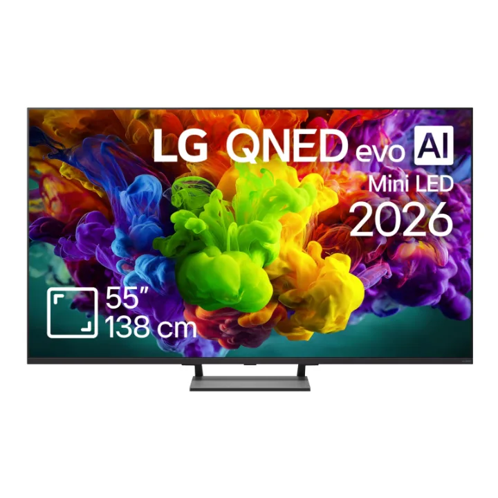 Televizor LG QNED evo 55QNED93B6A de 138 cm (55 inch), văzut din față, pe suportul central