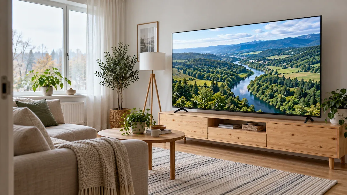 Televizor LG 75NU850B3LA de 189 cm pe o bancă TV din lemn de pin, într-un living simplu cu pereți albi, dimineața