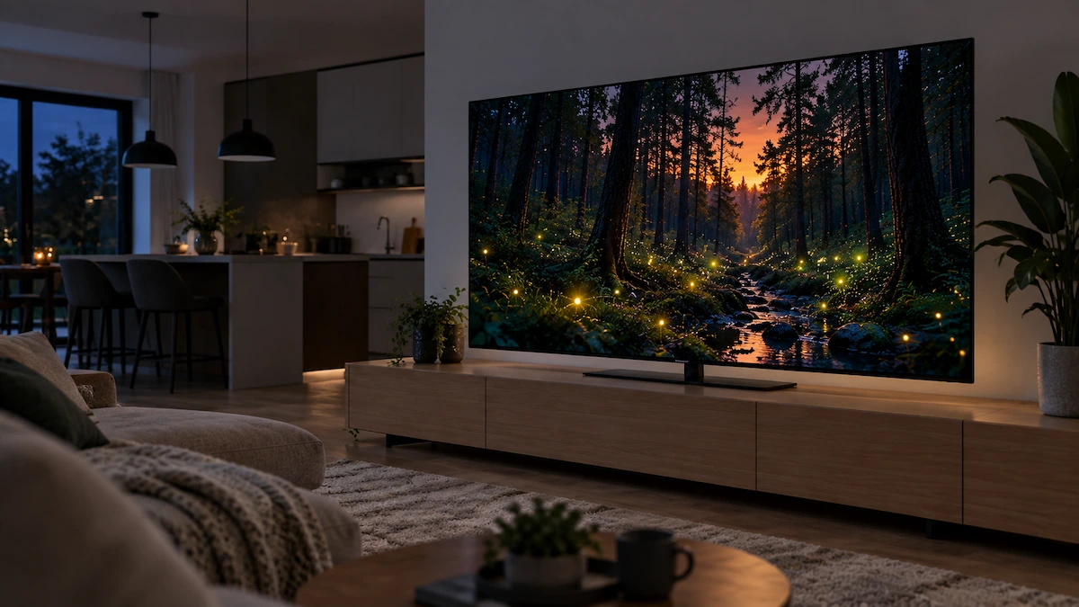 Televizor OLED subțire pe o comodă joasă din stejar, într-o sufragerie deschisă spre bucătărie, seara, cu o pădure la amurg pe ecran