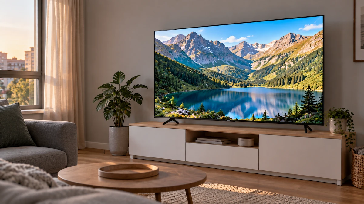 Televizor LED pe două picioare, pe o bancă TV simplă, într-un living mic de apartament, după-amiaza, cu un peisaj montan pe ecran