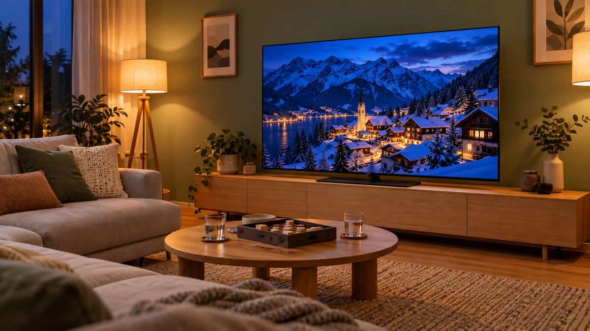Televizor OLED de 138 cm pe o comodă lungă de stejar, lângă un perete verde, cu un sat de munte înzăpezit la ora albastră pe ecran