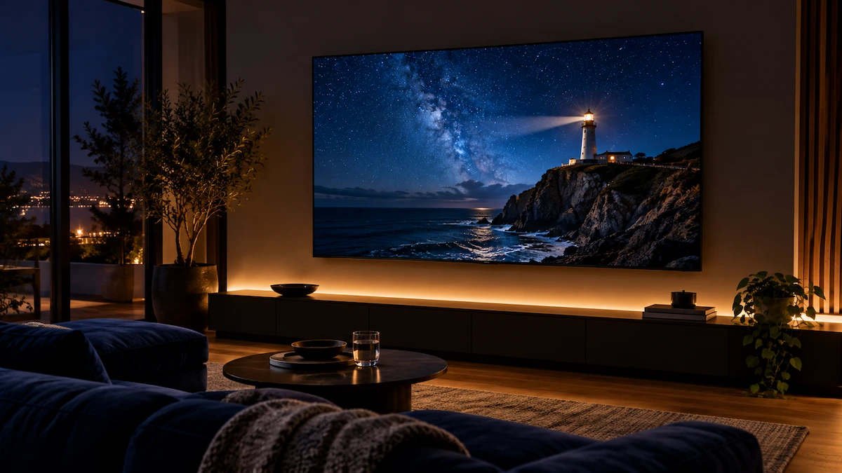 Televizor OLED de 165 cm montat pe perete, într-o cameră întunecată, cu un far sub cerul înstelat pe ecran