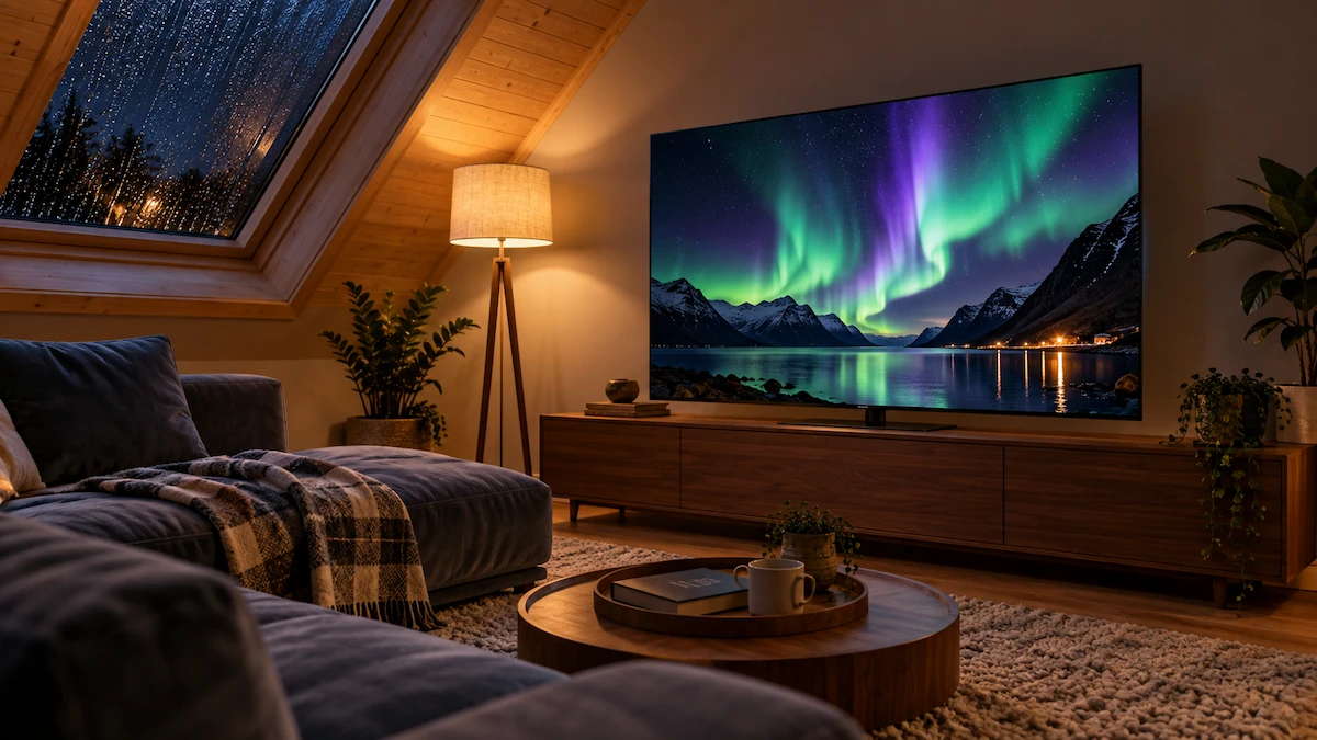 Televizor OLED de 139 cm pe o comodă joasă din nuc, într-o mansardă cu tavan de lemn, noaptea, cu o auroră boreală deasupra unui fiord pe ecran