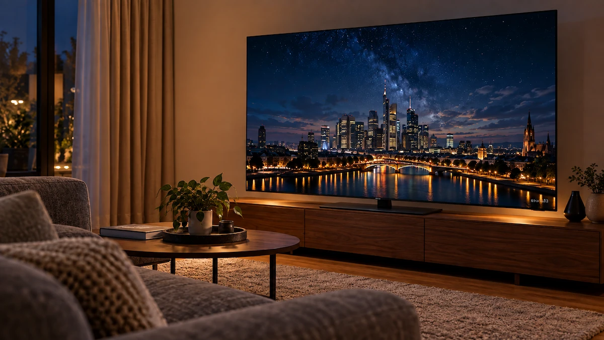 Televizor OLED subțire pe un stand jos, într-un living modern, seara, cu o scenă de film întunecată pe ecran