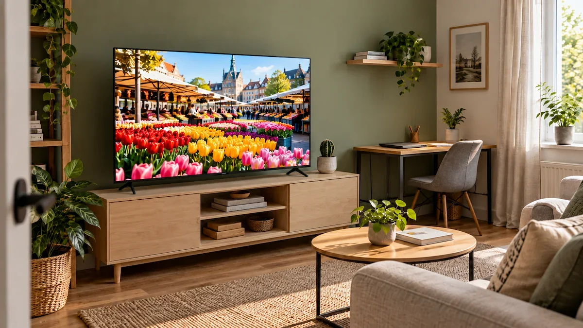 Televizor LG QNED evo 55QNED8MB6C de 138 cm pe un corp TV din lemn deschis, într-o cameră de zi cu colț de lucru, după-amiaza