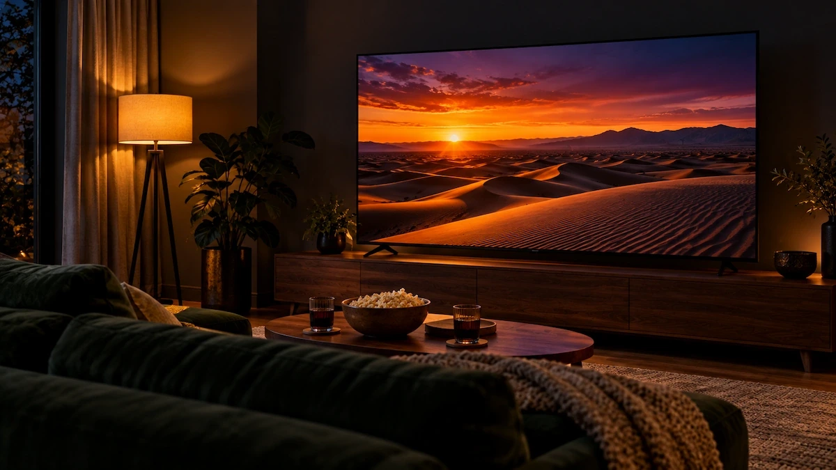 Televizor LG QNED evo 75QNED93B6A de 189 cm într-o cameră întunecată, la o seară de film, cu o canapea de catifea în prim-plan
