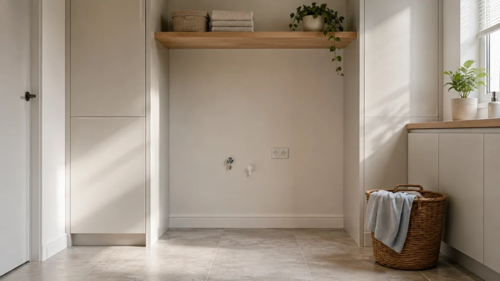 Spațiu de spălătorie într-un apartament, cu un gol de mobilier pregătit pentru mașina de spălat