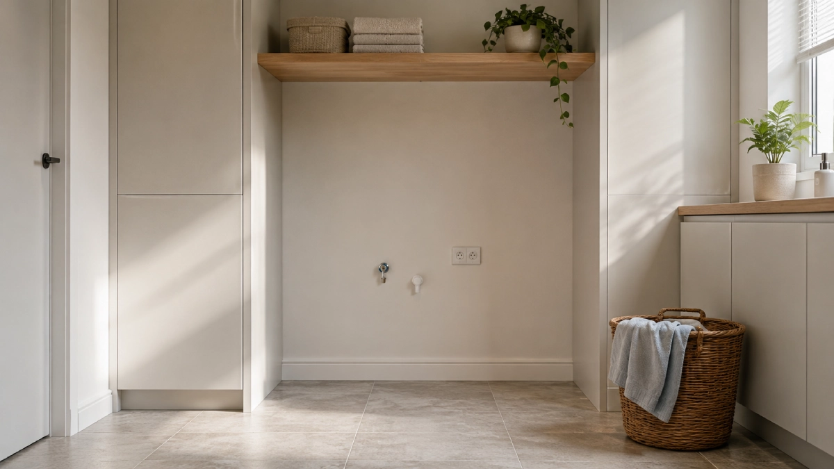 Spațiu de spălătorie într-un apartament, cu un gol de mobilier pregătit pentru mașina de spălat