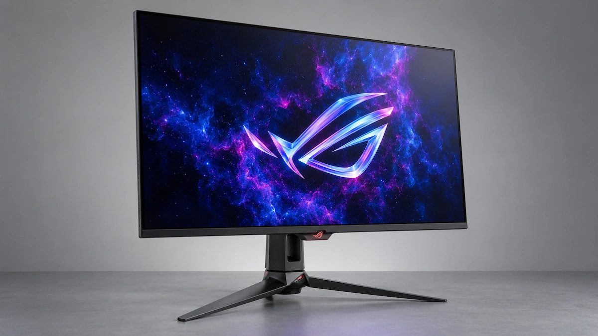 Monitor ASUS ROG Swift OLED PG32UCDM Gen3 de 32 inch, surprins din unghi 3/4 frontal, pe fundal neutru, cu ecranul aprins