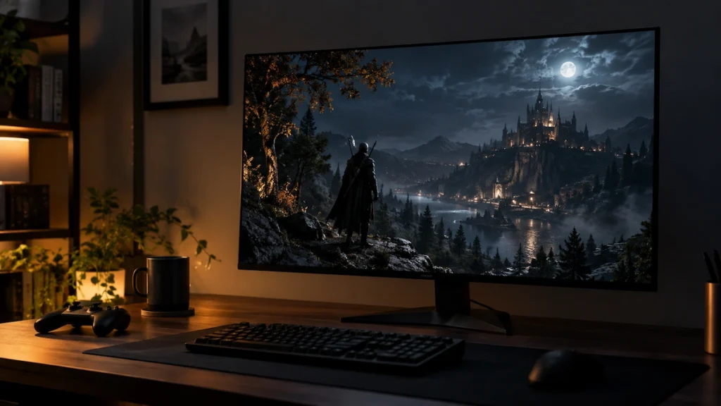 Monitor gaming OLED amplasat pe birou, cu ecran aprins și setup de utilizare realist, într-un cadru editorial