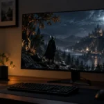 Monitor gaming OLED amplasat pe birou, cu ecran aprins și setup de utilizare realist, într-un cadru editorial