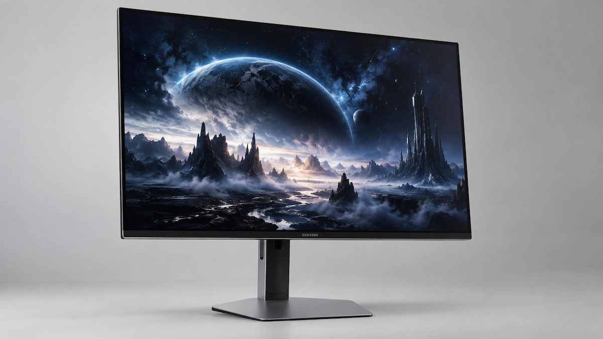 Monitor Samsung Odyssey OLED G8 G80SH de 32 inch, fotografiat din unghi 3/4 frontal, pe fundal neutru, cu panoul aprins discret