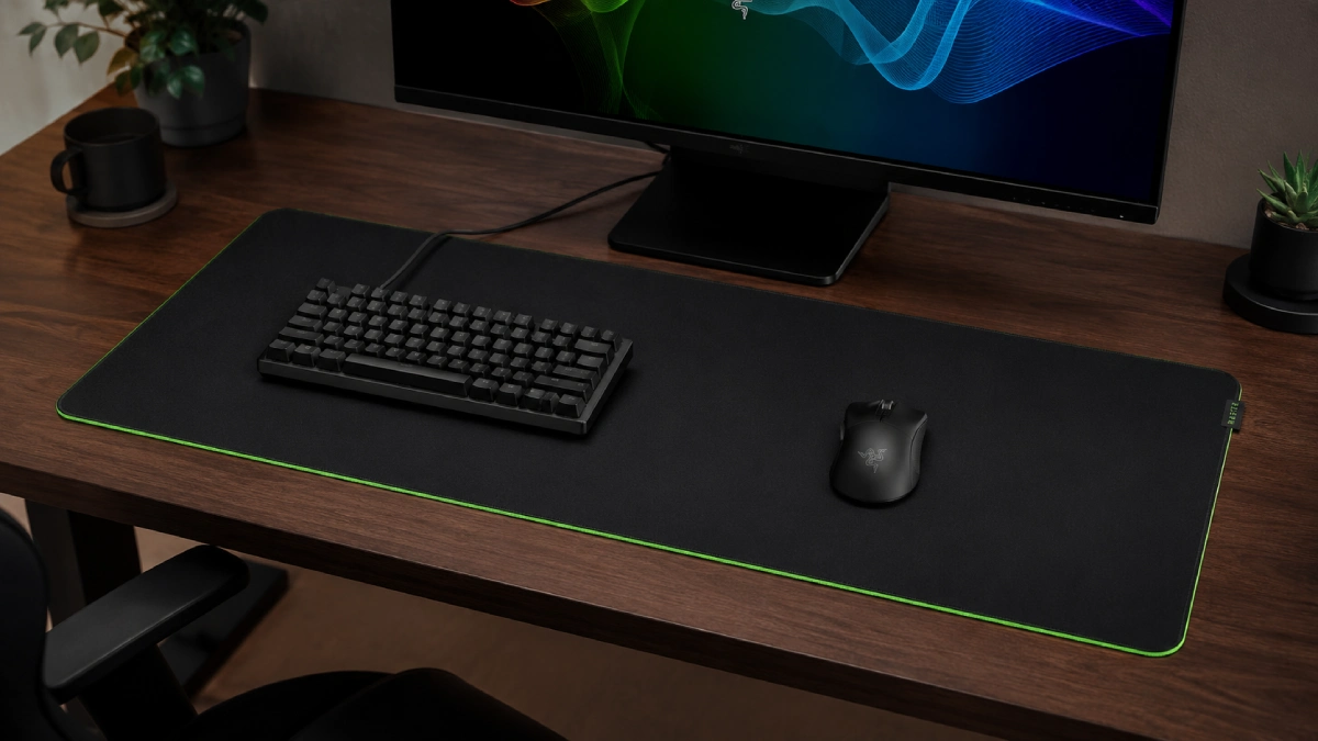 Mousepad Razer Gigantus V2 XXL într-un setup de gaming, cu tastatură și mouse așezate pe aceeași suprafață extinsă
