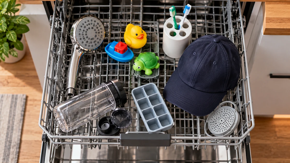 Coșul de sus al unei mașini de spălat vase cu un cap de duș, jucării din plastic, un suport pentru periuțe de dinți și o șapcă