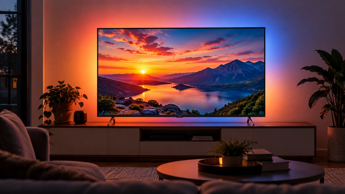 Televizor Philips 43PUS8001 de 108 cm într-un living, seara, cu Ambilight care colorează peretele din spate în portocaliu și albastru și un apus peste munți pe ecran