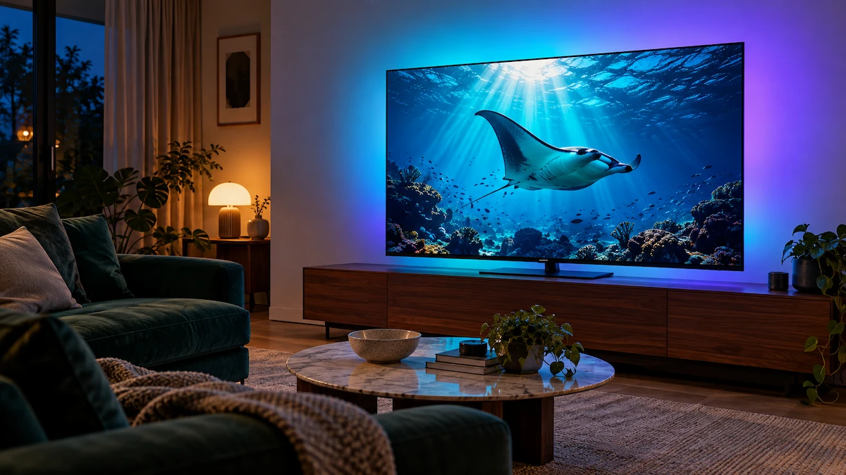 Televizor subțire pe un corp TV din nuc, cu lumină albastră și violet pe peretele din spate, într-un living seara, cu o manta sub apă pe ecran