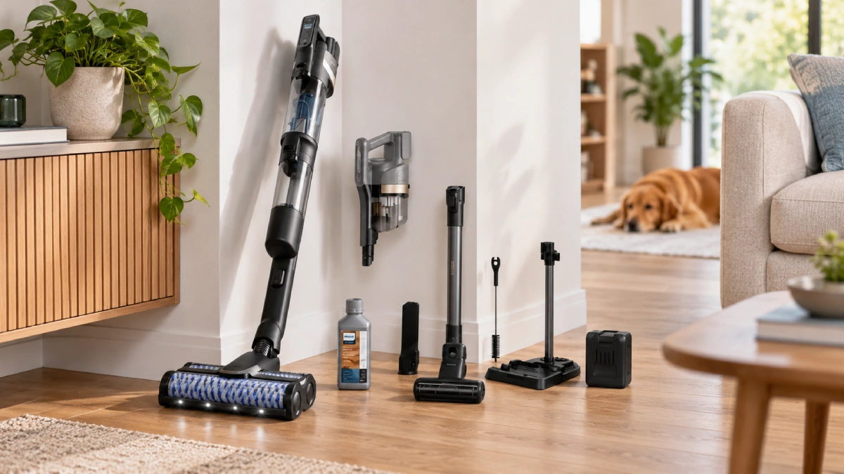 Philips AquaTrio 9000 prezentat într-un interior modern, alături de accesoriile sale, într-o scenă care evidențiază versatilitatea pentru curățenie de întreținere