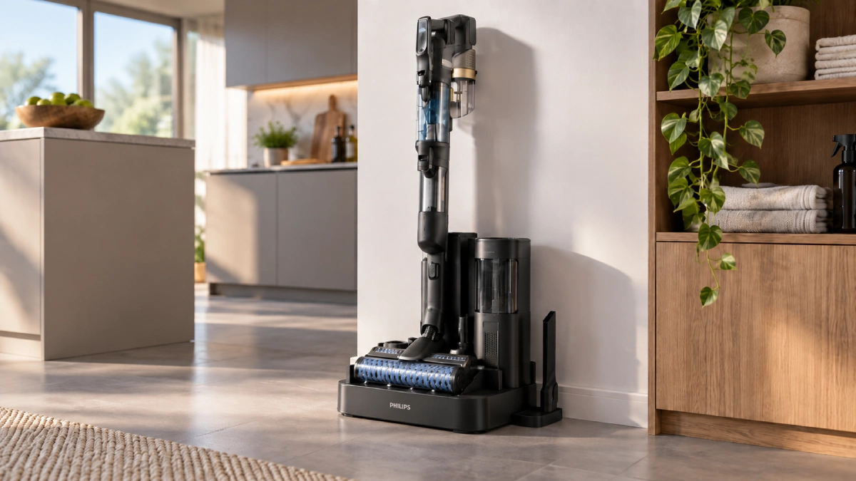 Philips AquaTrio 9000 așezat lângă stația de autocurățare și depozitare, într-un colț modern al locuinței