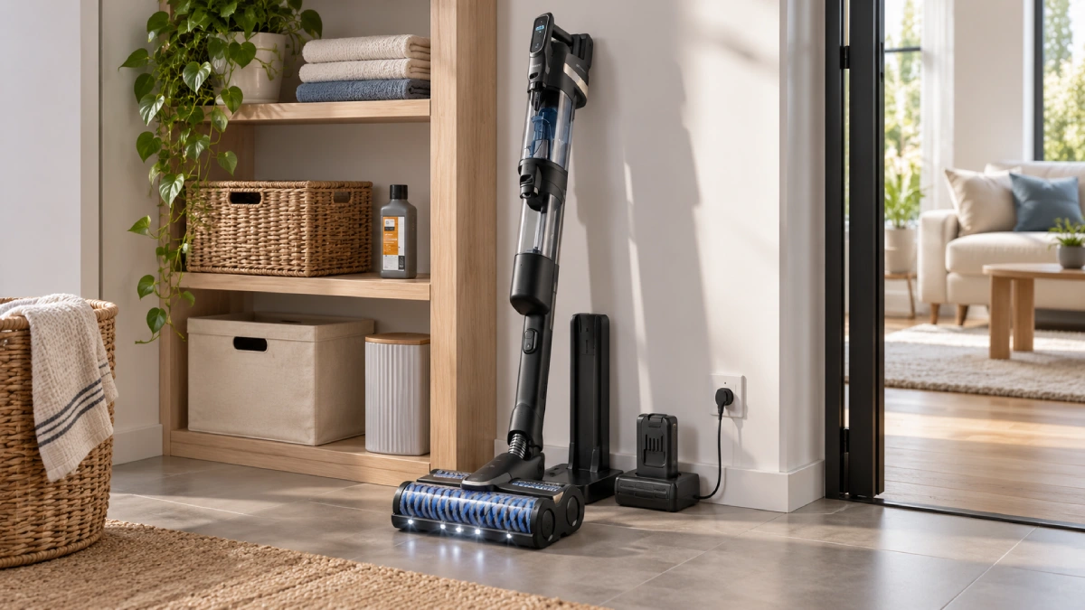 Philips AquaTrio 9000 XW9463/11 sprijinit în zona de depozitare, cu un singur acumulator și un singur încărcător așezate lângă aparat