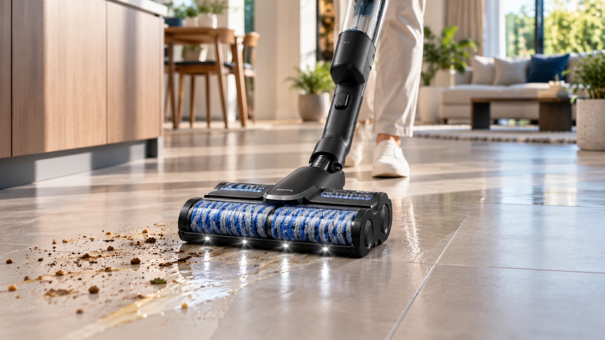 Philips AquaTrio 9000 XW9463/11 curățând pardoseală dură cu capul de spălare și două role de microfibră