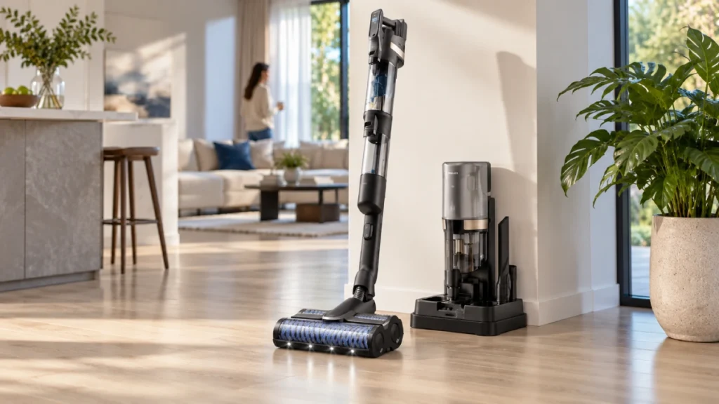 Philips AquaTrio 9000 XW9463/11 așezat într-o locuință modernă, lângă stația de depozitare și autocurățare, pe pardoseală dură