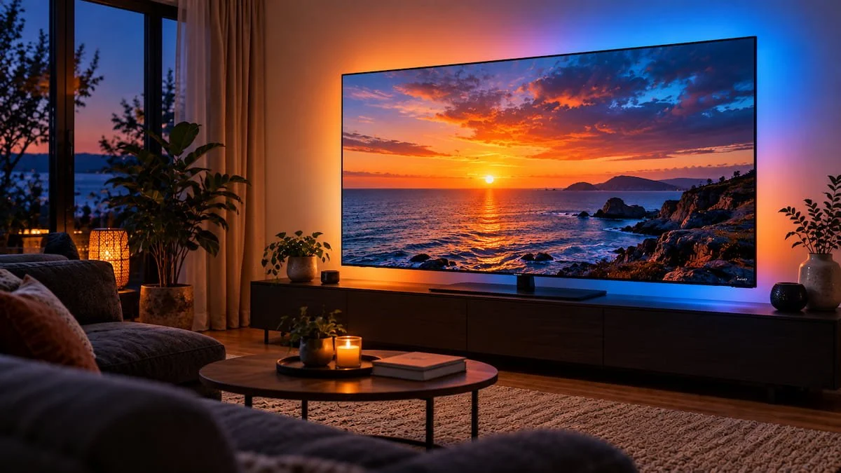 Televizor OLED într-un living, seara, cu un halou de lumină colorată pe peretele din spatele ecranului, în culorile imaginii
