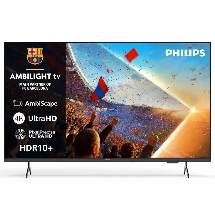 Televizor Philips 43PUS8001 Ambilight de 108 cm (43 inch), văzut din față, pe picioarele originale, cu imaginea de prezentare pe ecran