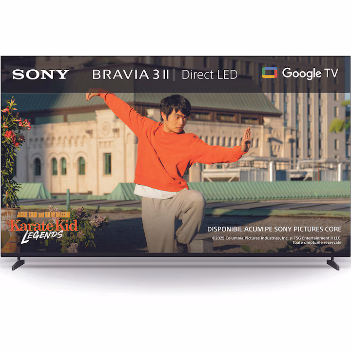 Televizor Sony BRAVIA 3 II 43XR35M2 de 108 cm (43 inch), văzut din față, pe picioarele originale, cu imaginea de prezentare pe ecran