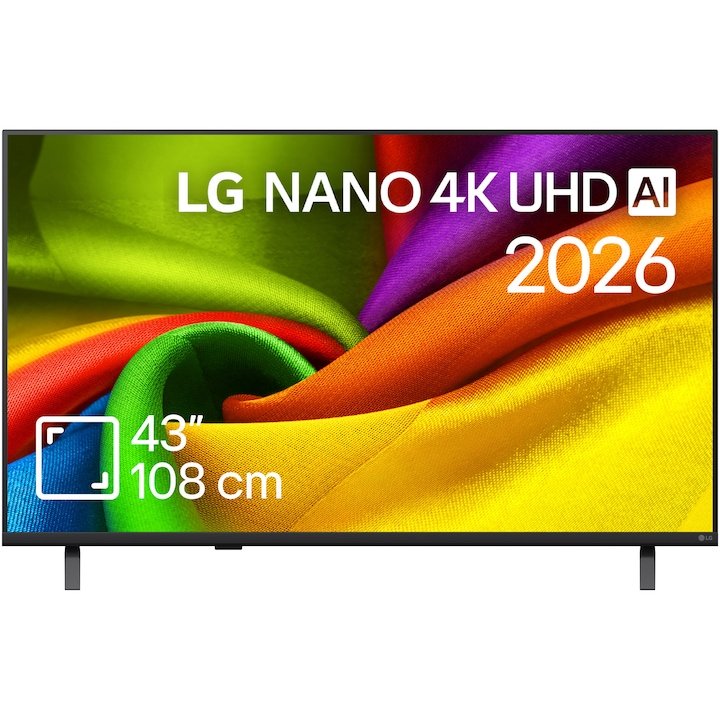 Televizor LG 43NU850B3LA NANO 4K de 108 cm (43 inch), văzut din față, pe picioarele originale, cu imaginea de prezentare pe ecran