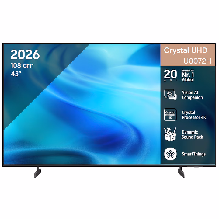 Televizor Samsung 43U8072H de 108 cm (43 inch), văzut din față, pe picioarele originale, cu imaginea de prezentare Crystal UHD pe ecran