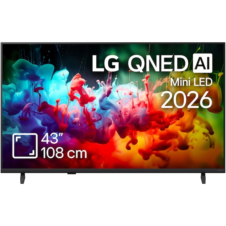 Televizor LG 43QNED70B3C Mini LED de 108 cm (43 inch), văzut din față, pe picioarele originale, cu imaginea de prezentare pe ecran