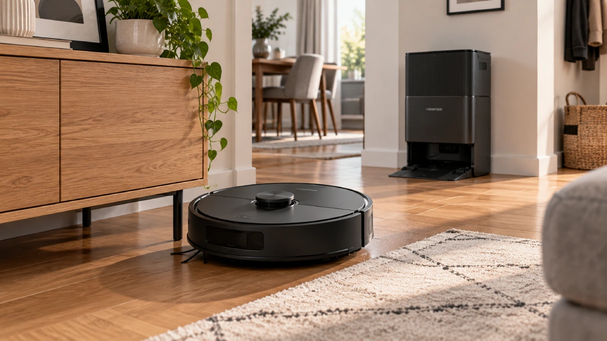 Roborock Q10 VF+ B negru într-un living modern, cu stația de golire automată în fundal