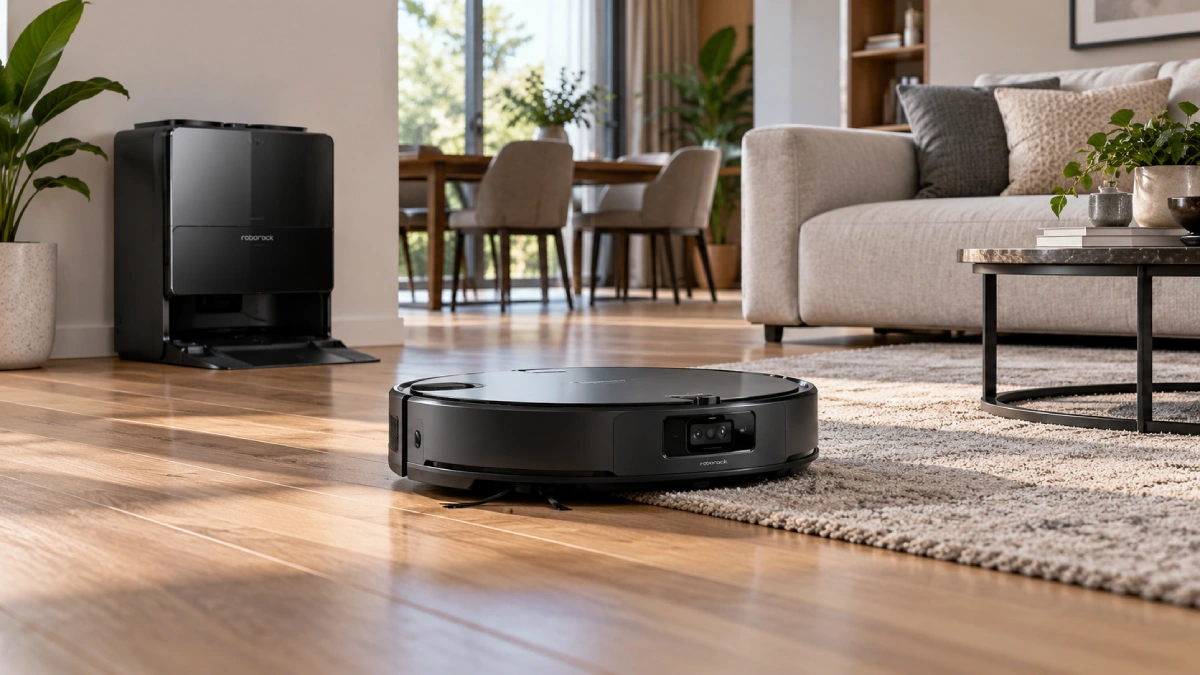Roborock Saros 10R negru curățând un living modern, cu stația de andocare în fundal