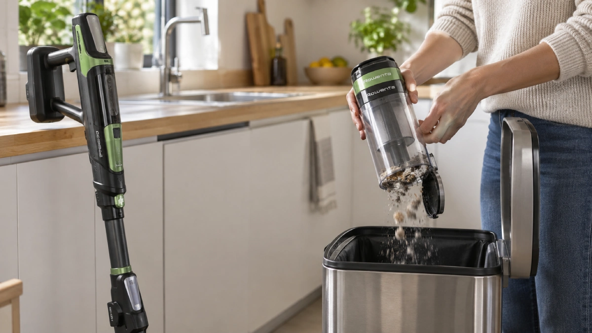 Aspirator vertical verde cu negru, cu recipientul de praf detașat deasupra coșului de gunoi